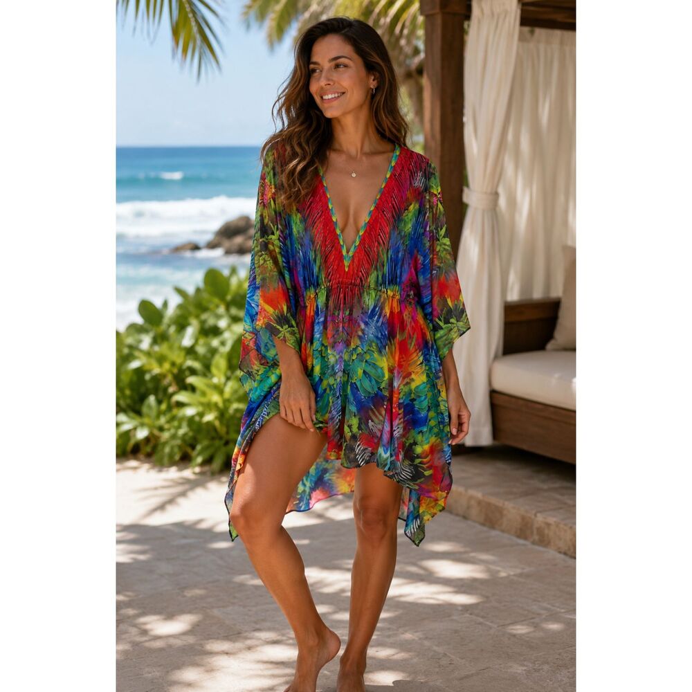 New Luli Fama Munro De Colores Women Sz OS CaftanTunic Cover Up Resort Bohemian